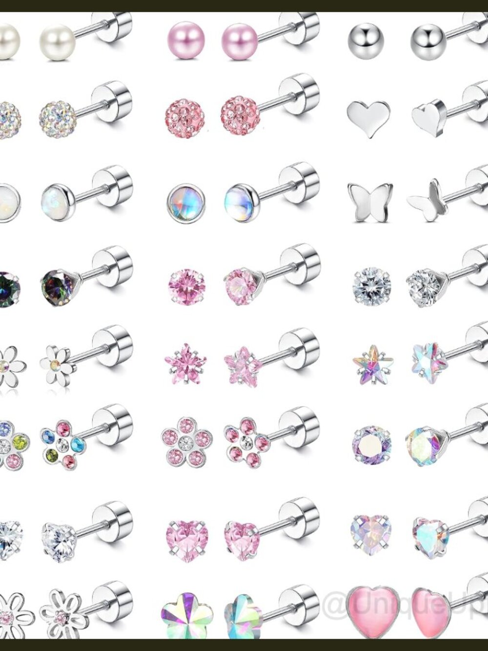 24Pairs Hypoallergenic Stud Earrings Surgical Steel Screw Back Girls Women CZ